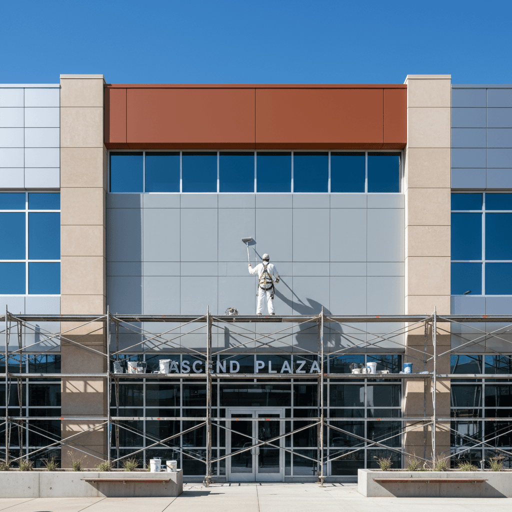 Commercial building exterior painting project in progress