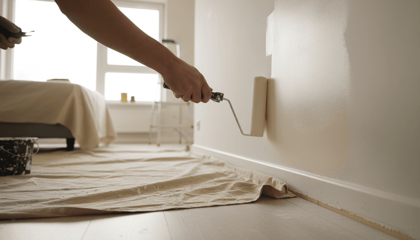 Painter applying fresh interior paint with roller brush to residential wall