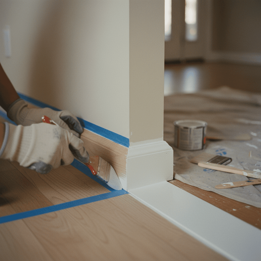 Painter carefully applying paint along baseboard trim