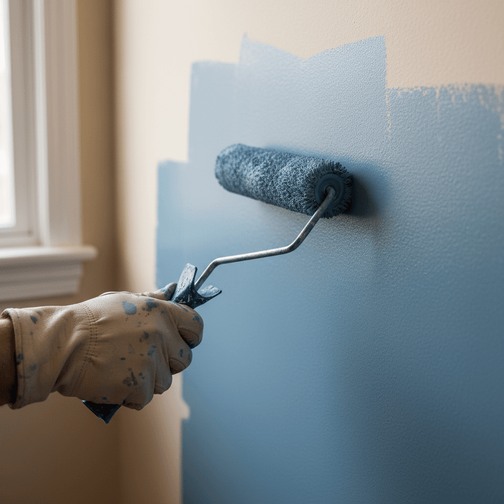 Residential interior wall being painted with careful attention to detail