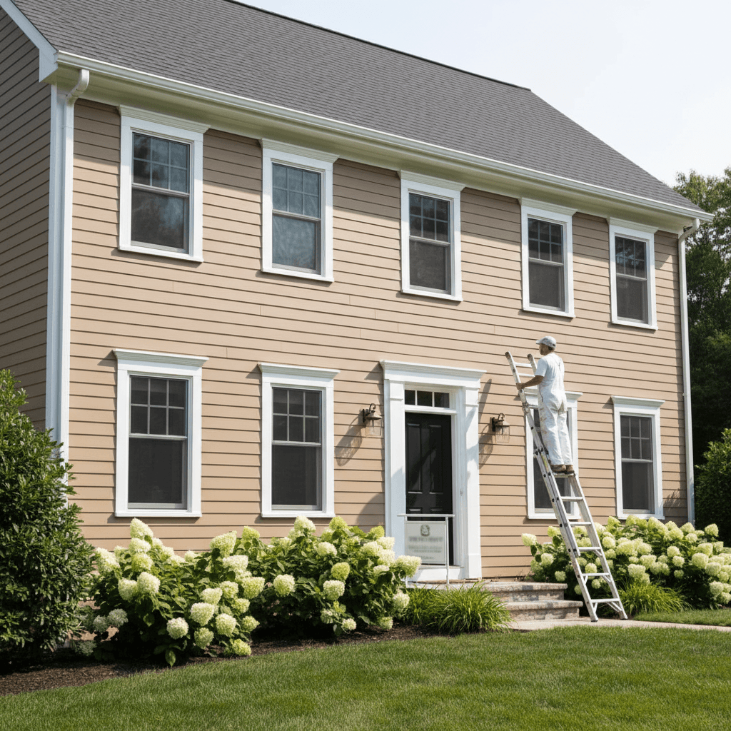 Residential home exterior with freshly painted white trim and taupe siding