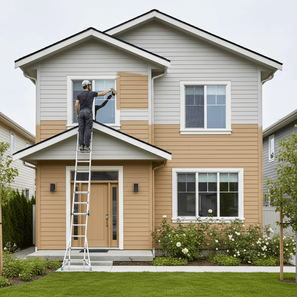 Exterior house painting in progress, two-story home