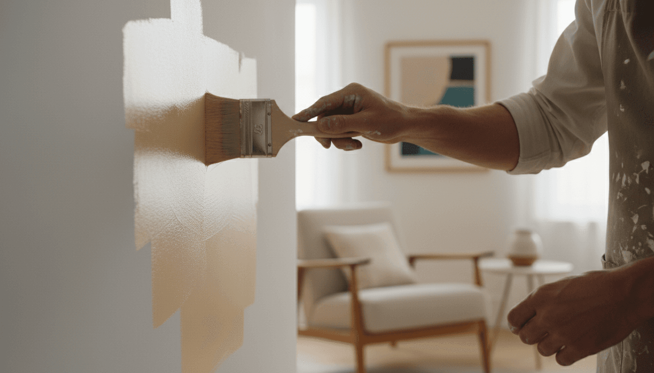 Professional painter carefully applying paint to an interior wall with precision and detail