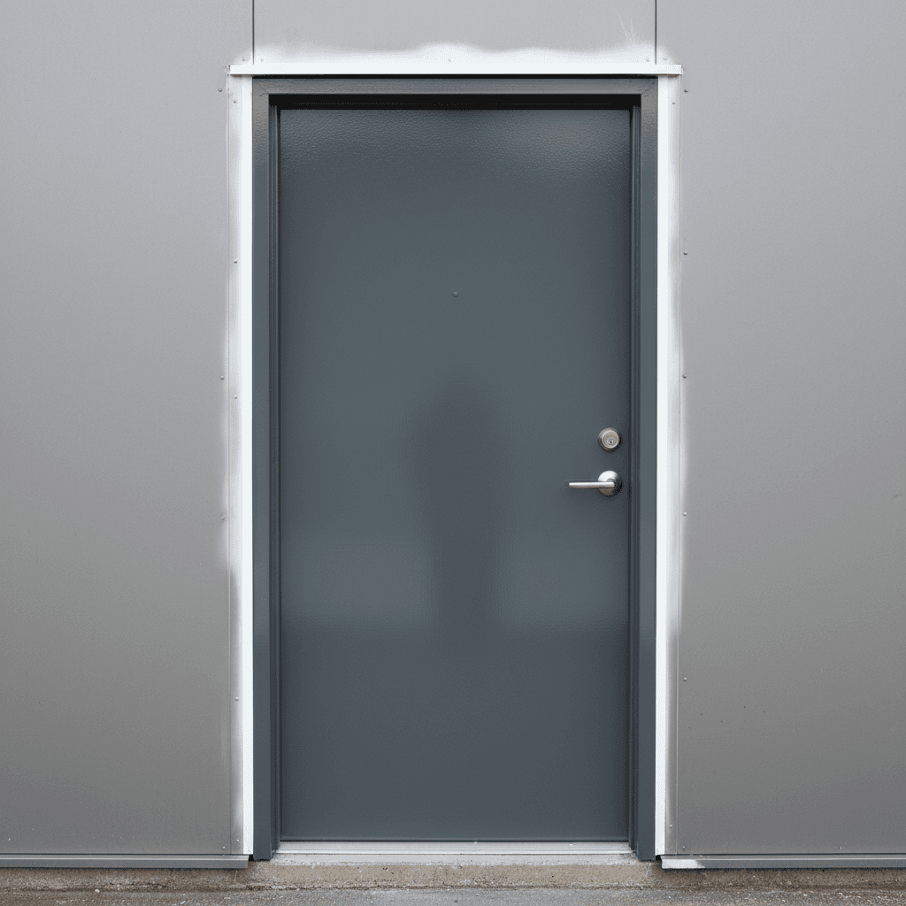 Commercial building door with glossy, precisely painted frame