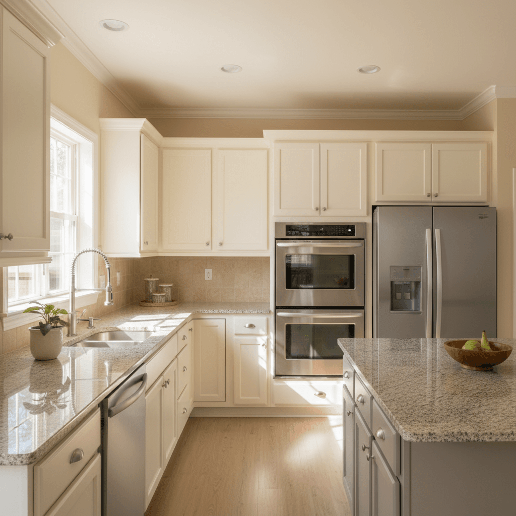 Completed kitchen with freshly painted walls and trim