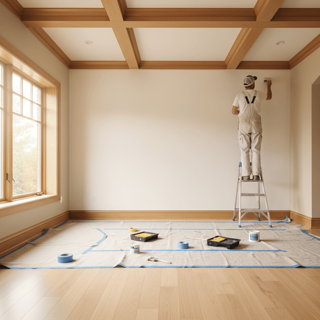 Interior living room being painted, showing precision cutting-in technique