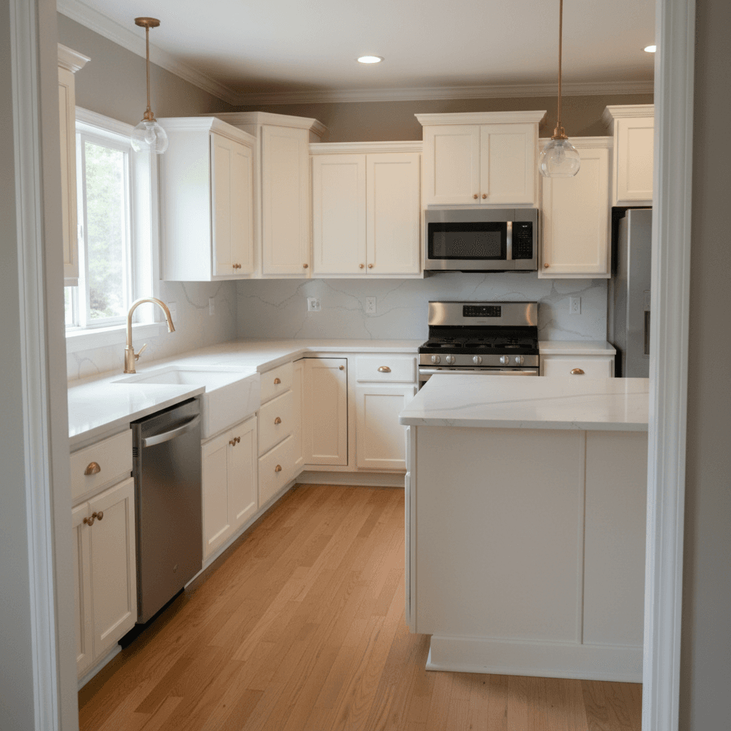 Kitchen with freshly painted white cabinetry and warm gray walls