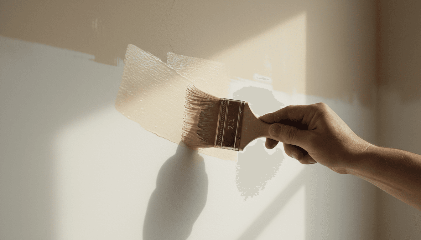 Painter applying fresh paint to interior wall with professional technique