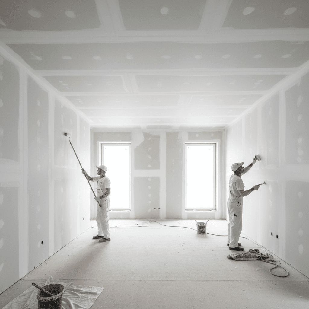 New construction interior space being primed and painted