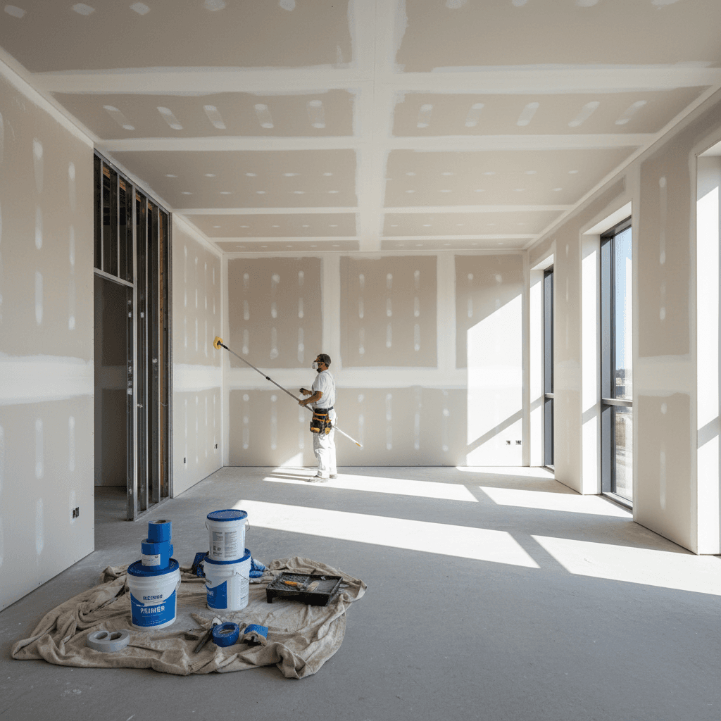 New construction interior space being prepared for painting